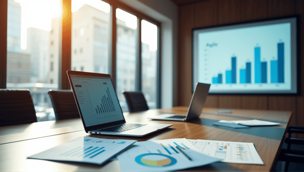 Professional workspace with charts and graphs on Agile transformation costs, featuring a modern conference table.