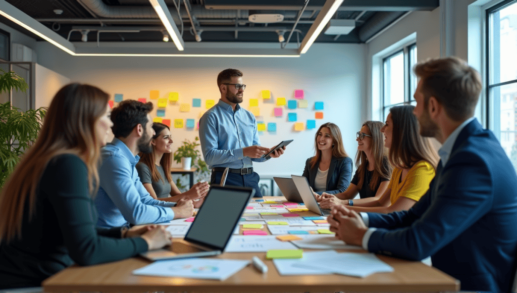 Group of professionals collaborating in a modern office during a brainstorming session.