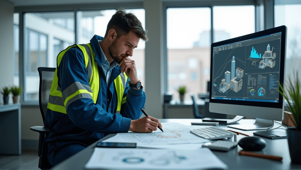 Engineer in blue overalls analyzing project blueprints and digital data at workstation.