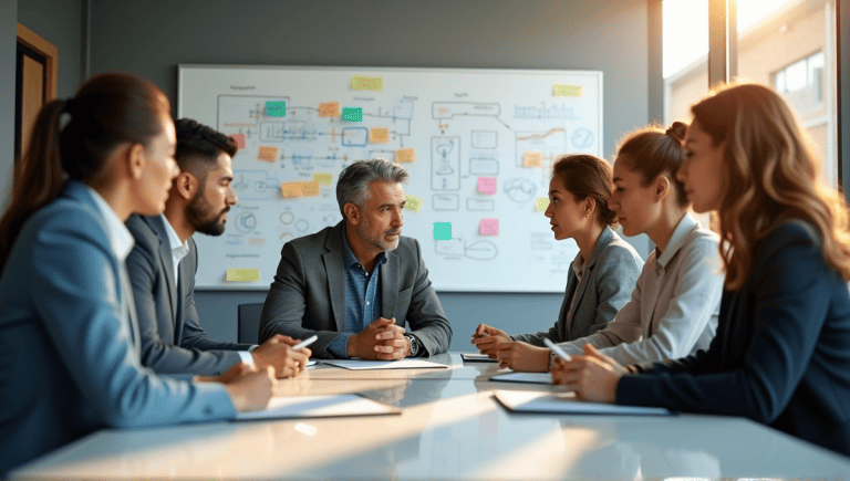 Team of professionals collaborating around a conference table with diagrams on a whiteboard.