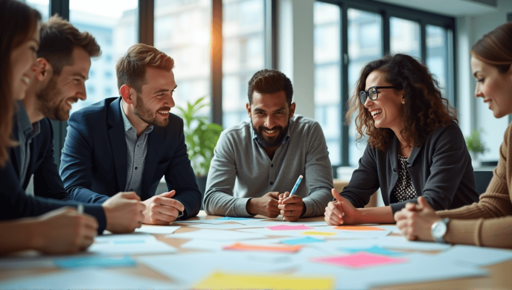 Professionals collaborating around a conference table with sprint task lists in a modern office.