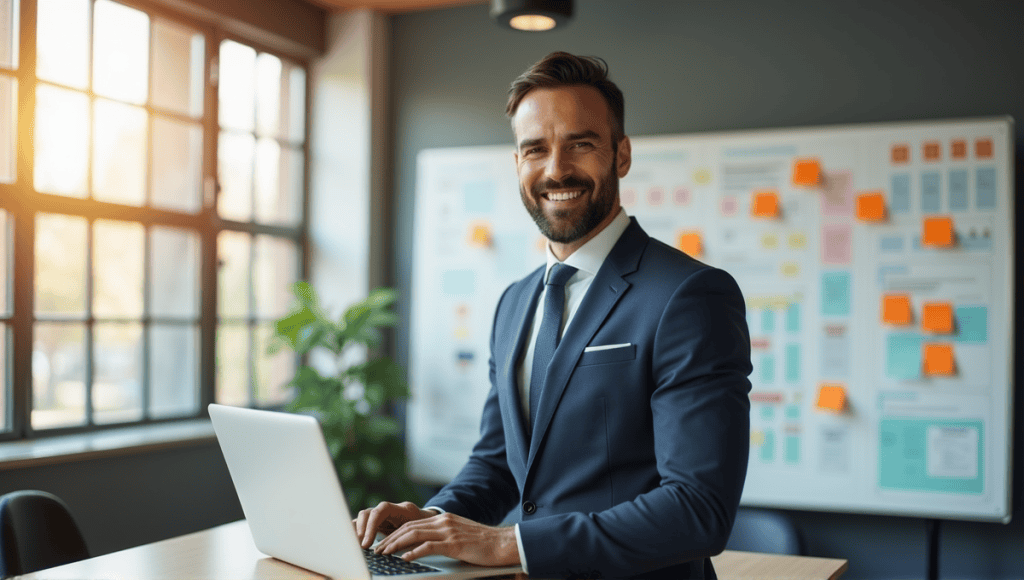 Confident leader in tailored suit at modern office with open laptop and agile charts.