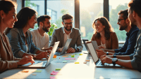 Professionals collaborating in a brainstorming session around a table filled with post-it notes.