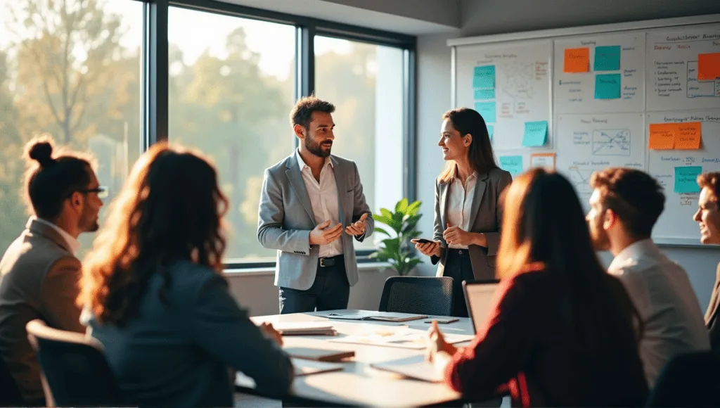 A group of professionals collaborate in a modern office, discussing backlog management strategies.