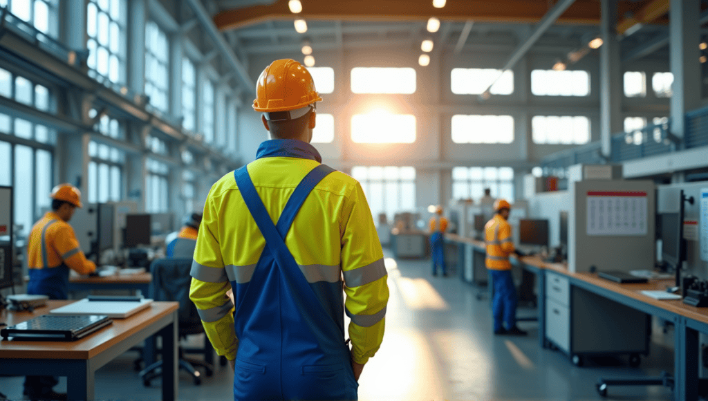 Engineer in blue overalls monitoring a Just-in-Time production line with Kanban boards.