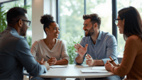 Three people engaged in discussion around a modern table in a bright office.