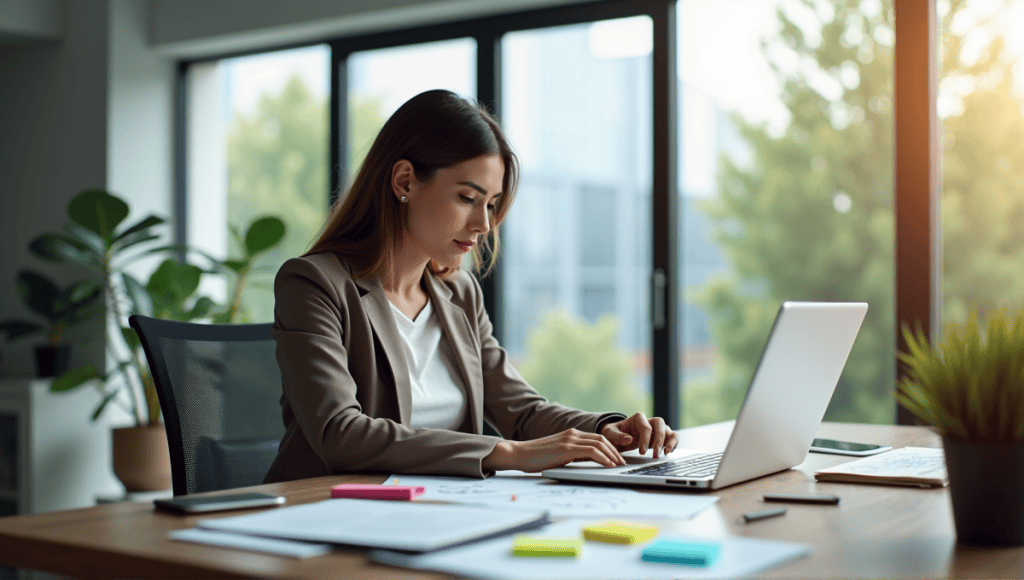 Focused professional working on a project plan at a modern desk in a bright office.