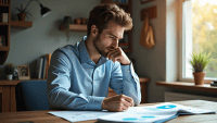 Thoughtful individual reviewing financial documents at a cozy home office desk.