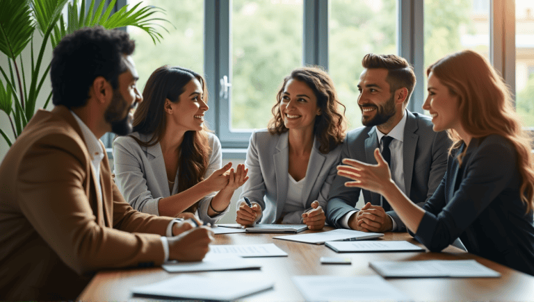 Team of professionals collaborating around a table in a modern office setting.