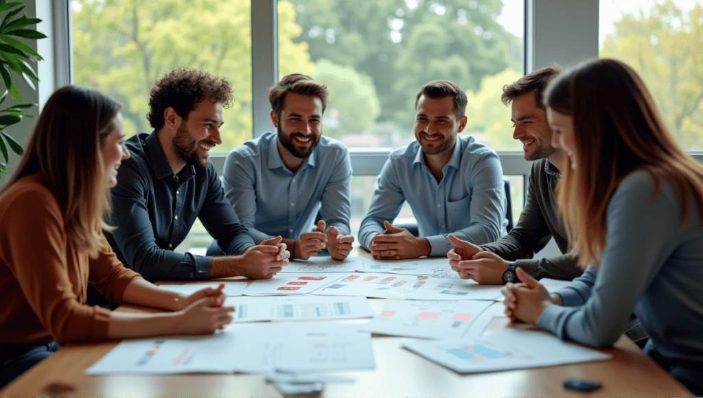 Professionals collaborating around a table with Agile planning materials and visual aids.