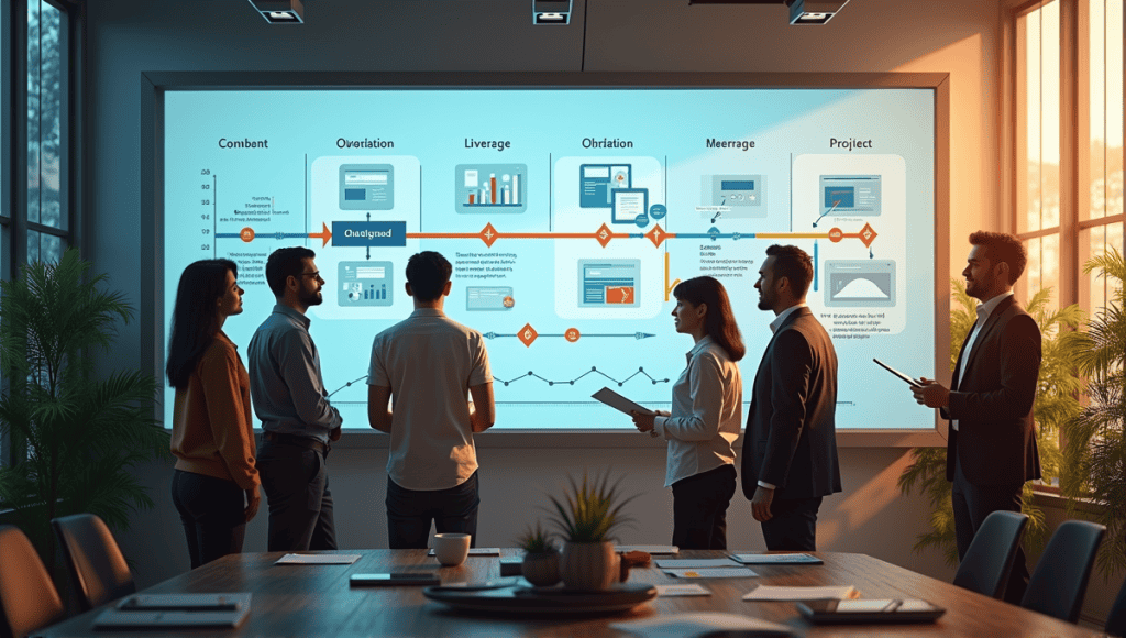 Team of professionals discussing DSDM process around digital project timeline in modern office.