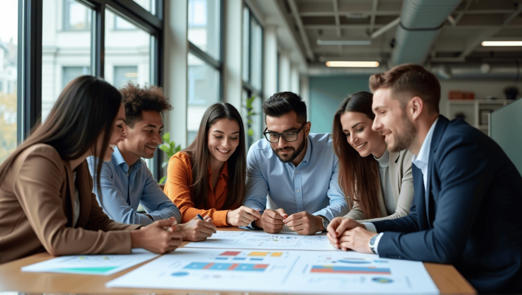 Group of professionals collaborating at a table with Agile charts and project diagrams.