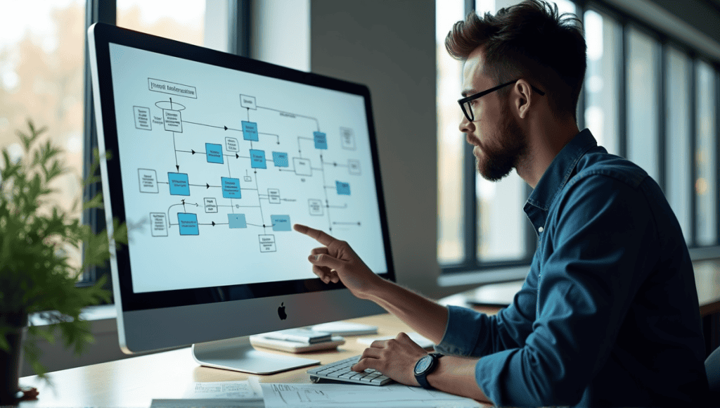 Project manager analyzing a flowchart on a large screen in a modern office.