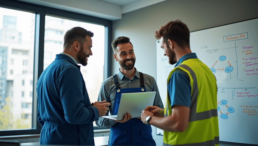 Group of software engineers collaborating on continuous testing strategies in a modern office.