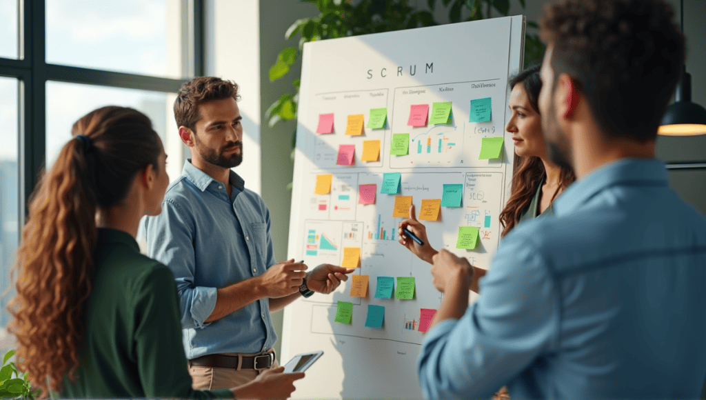 Team collaborating around a whiteboard during a brainstorming session, showcasing Scrum methodology.