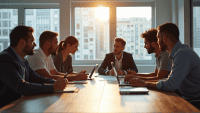 Team of professionals in a scrum meeting at a modern office table.