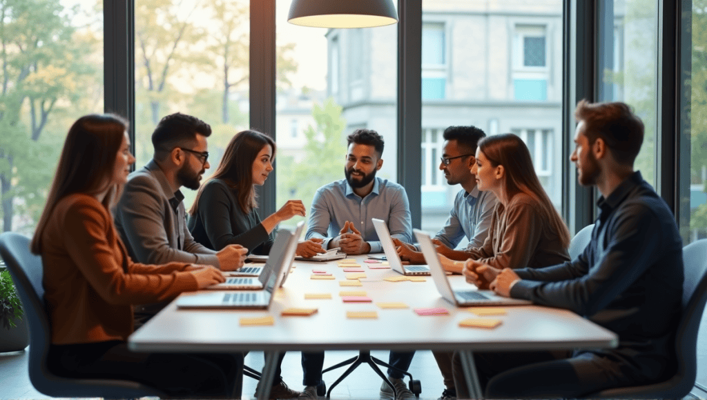 Professionals collaborating around a conference table with laptops and sticky notes.