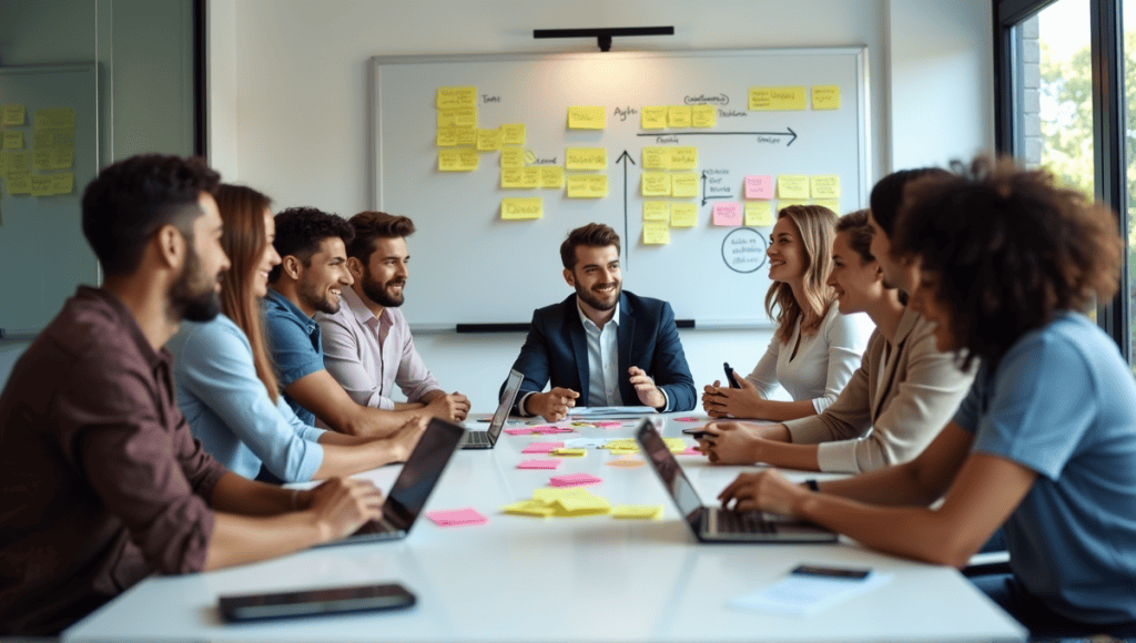 Team of professionals brainstorming around a modern conference table with sticky notes and devices.