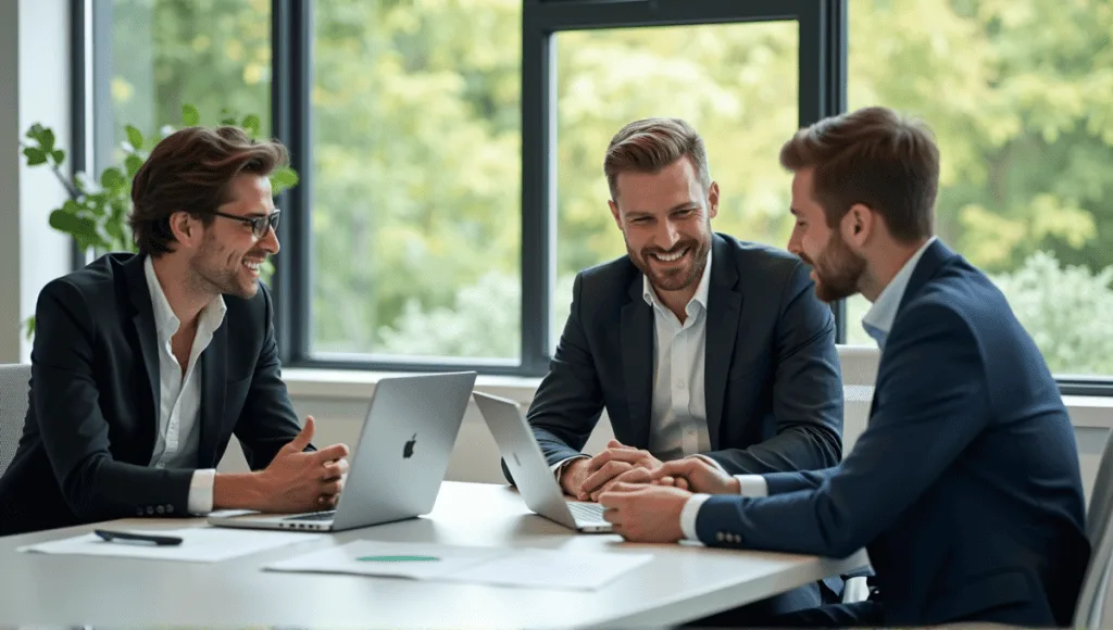 DSDM team collaborating at a conference table with laptops and documents in a bright office.