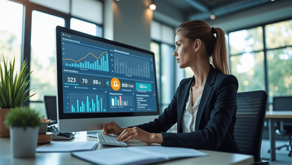 Project manager reviewing agile project performance metrics at a modern office desk.