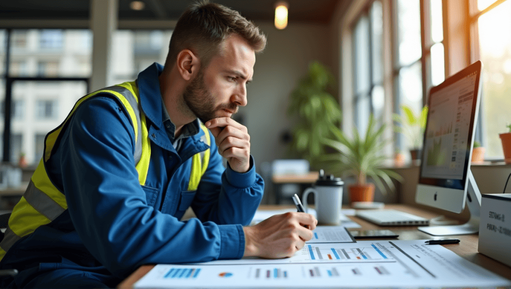 Thoughtful engineer in blue overalls analyzing project complexity with technical diagrams and devices.