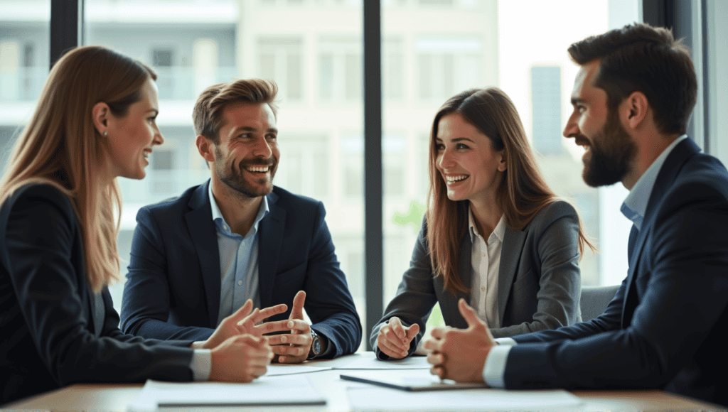 Professionals in discussion around a modern table, showcasing engagement and teamwork in an office.