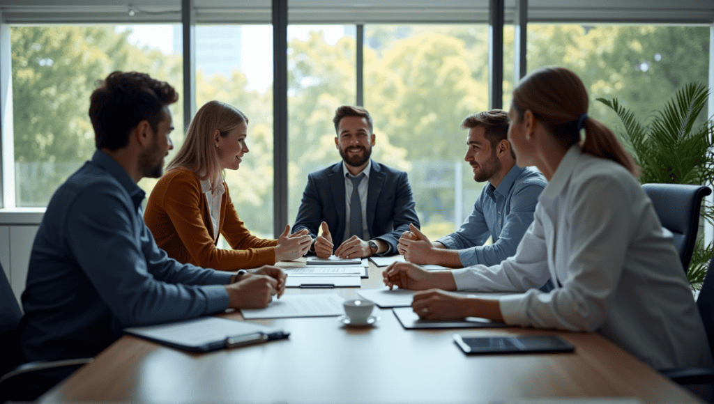 Professionals from various industries collaborating on Dynamic Systems Development in a modern office setting.