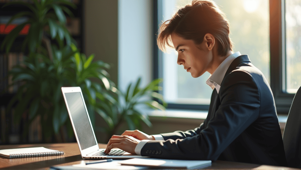 Person in professional attire focused on laptop, engaged in Agile certification course in tidy office.