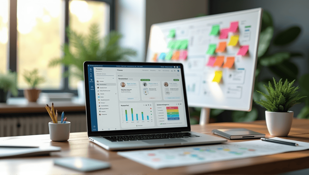 Modern workspace featuring agile project management tools, laptop, sticky notes, and Kanban board.