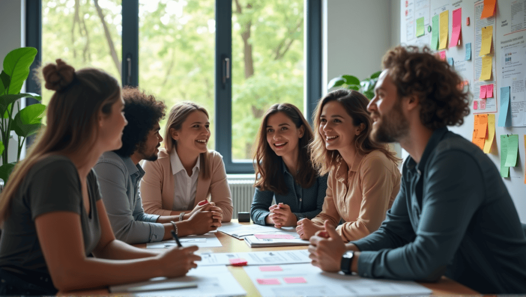 Group of professionals collaborating over Scrum boards in a modern office workspace.