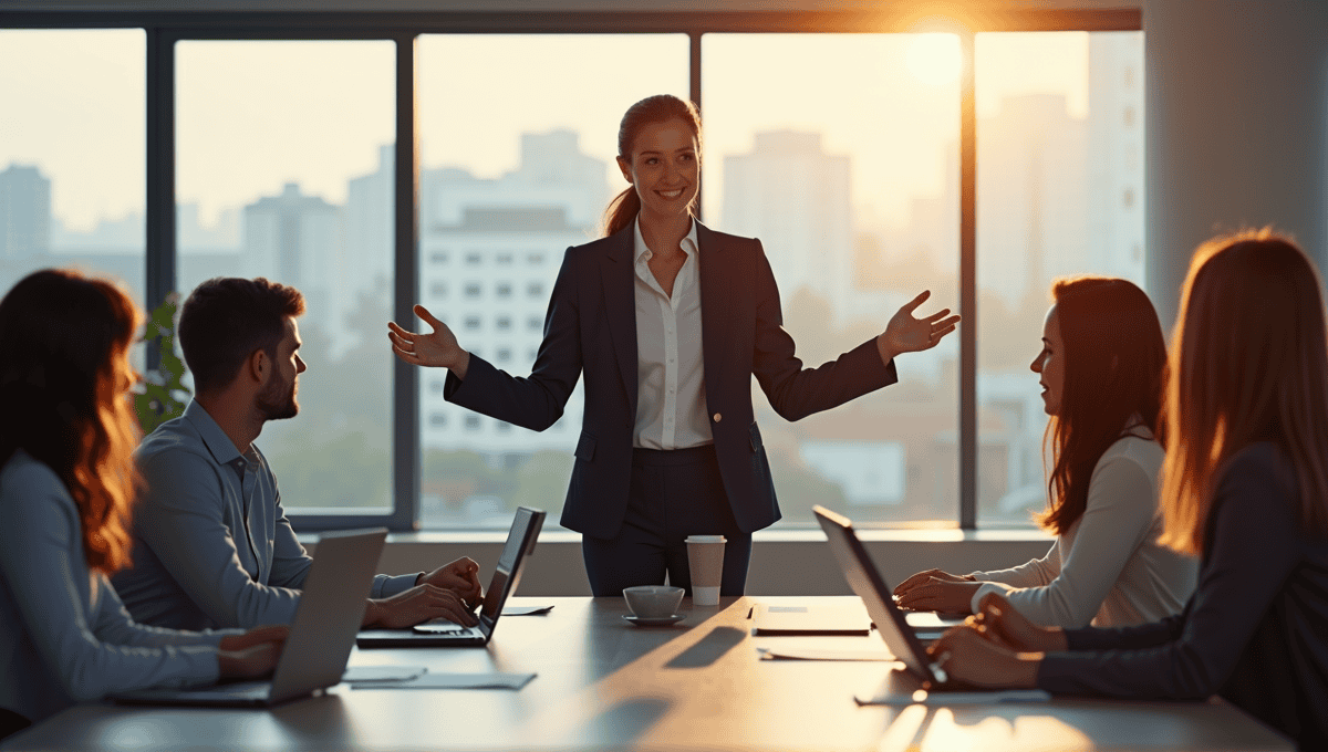 Confident businesswoman in tailored navy blazer presenting ideas with a collaborative team in office.