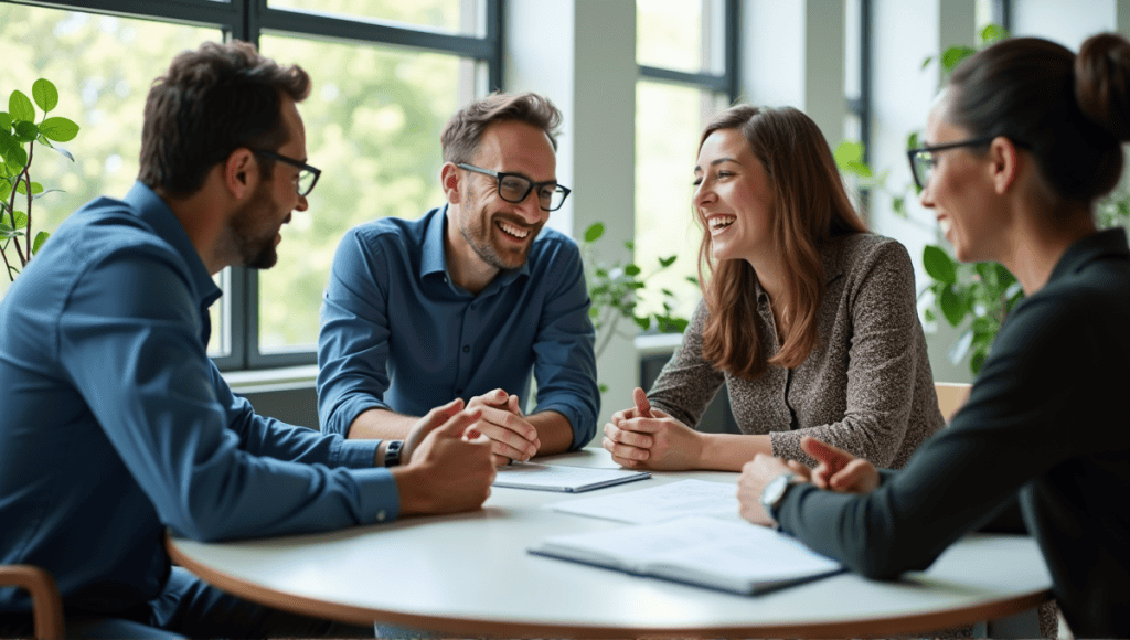 Agile practitioners collaborating in a modern office, discussing Scrum Alliance's free assessments.