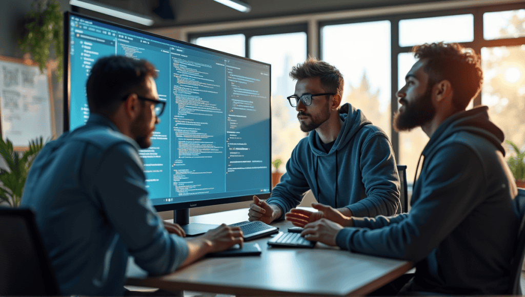 Software developers collaborating on a large screen with code and diagrams in a modern office.