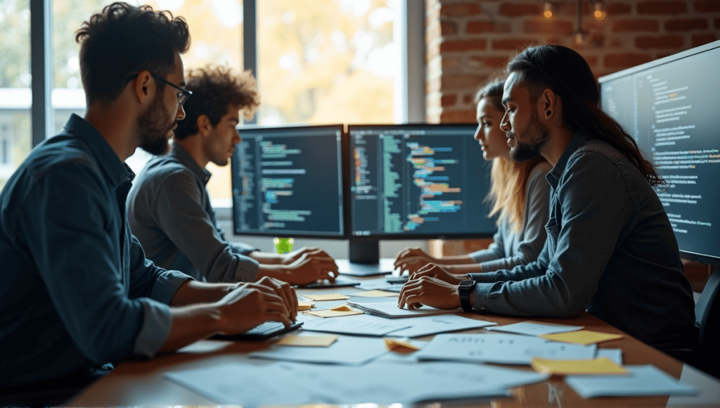 Four engineers collaborating at a modern software development workspace with multiple screens and diagrams.