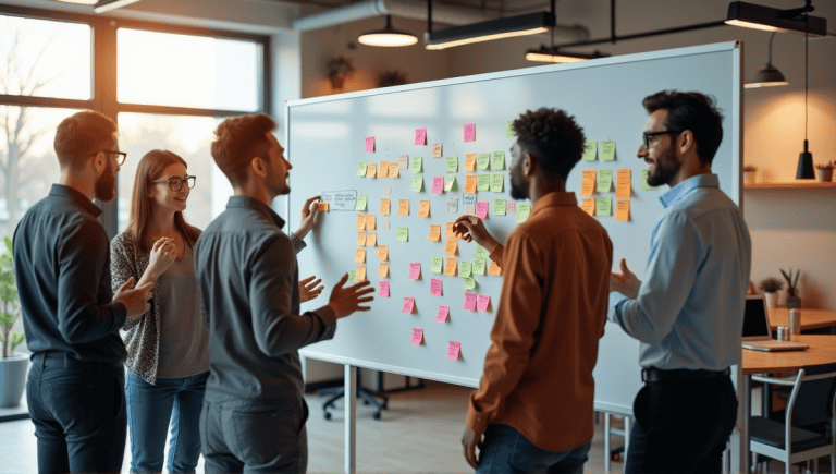 Professionals collaborating in a modern office during a dynamic sprint planning session.