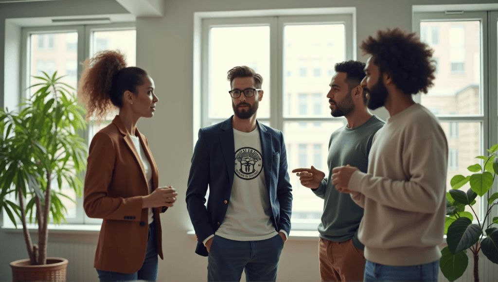 Group of professionals in a meeting sharing ideas in a modern office setting.