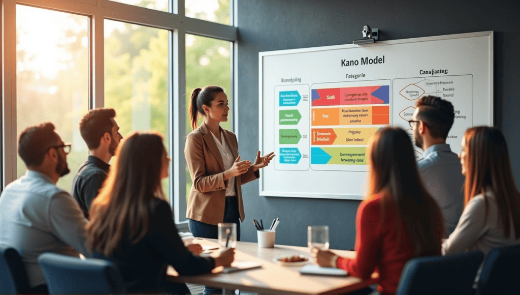 Professional team brainstorming around a whiteboard with colorful Kano Model diagrams.