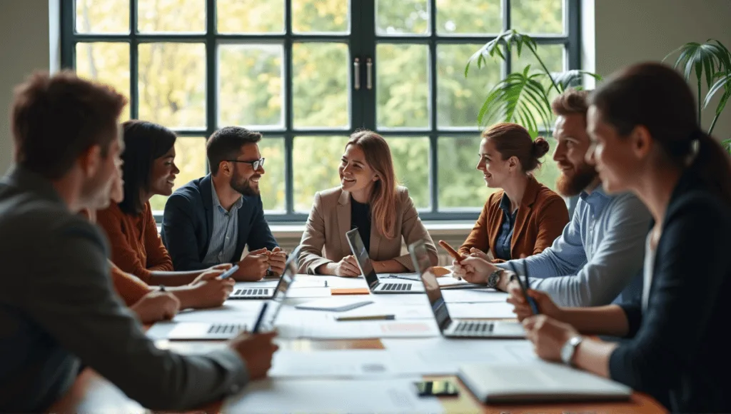 Group of professionals collaborating at a table with papers and devices in an office.