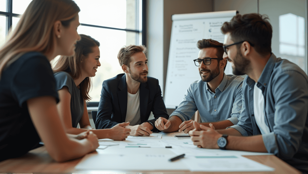 Group of professionals collaborating in an agile meeting around a table in a modern office.