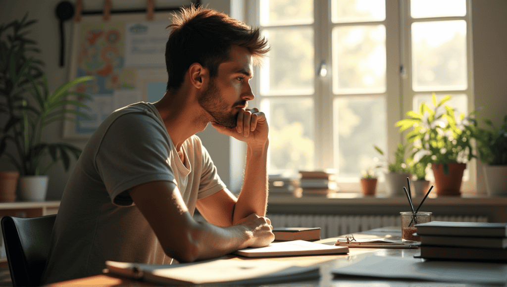 Thoughtful individual in casual attire reflecting with notebook in a serene study area.