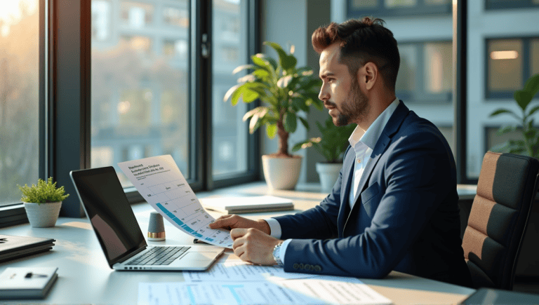 Project manager analyzing a risk burndown chart at a modern office desk.