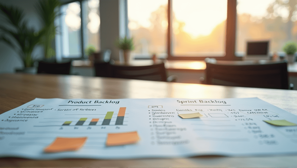 Table showcasing Scrum artifacts: product backlog, sprint backlog, and progress increment chart.