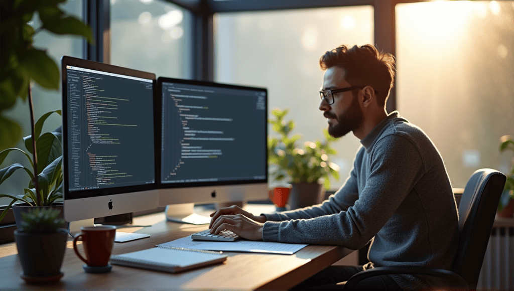 Software engineer in a modern office, focused on dual monitors displaying code and test cases.
