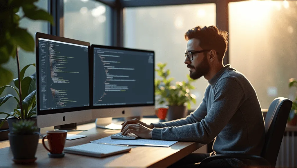 Software engineer in a modern office, focused on dual monitors displaying code and test cases.