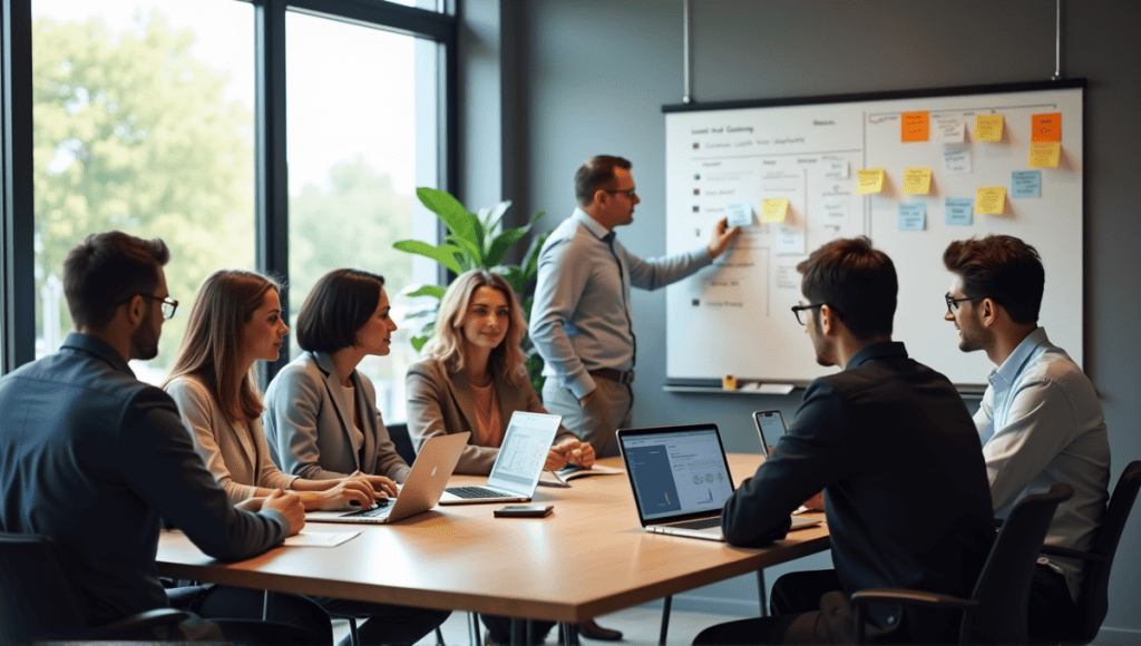 Professionals collaborating in a modern office, discussing Agile frameworks with whiteboards and laptops.