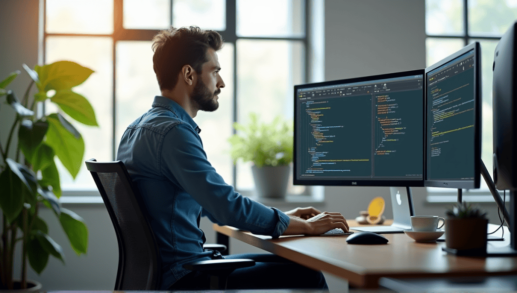 Modern software engineer focused at workstation, coding with monitors and agile planning boards.