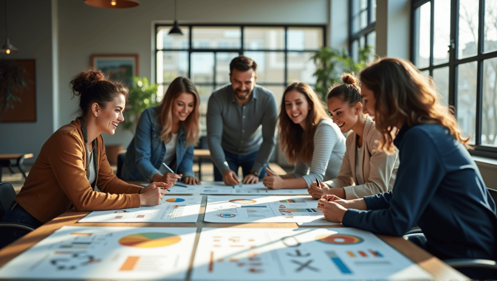 Team of professionals collaborating on project with charts and documents in a modern office.