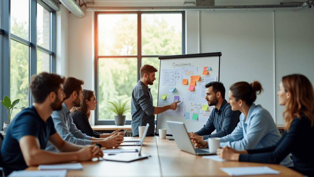 Group of professionals collaborating in a modern office, discussing estimation techniques and charts.