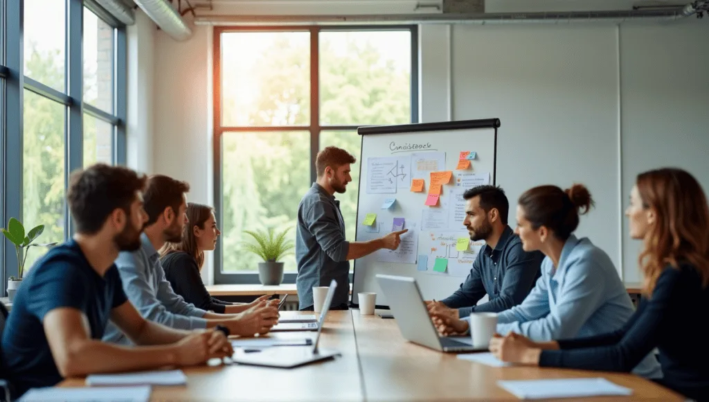 Group of professionals collaborating in a modern office, discussing estimation techniques and charts.