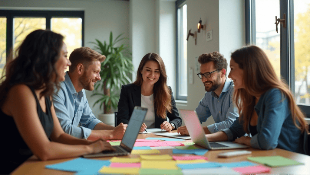 A team of professionals collaborating in a modern office, surrounded by post-it notes and laptops.